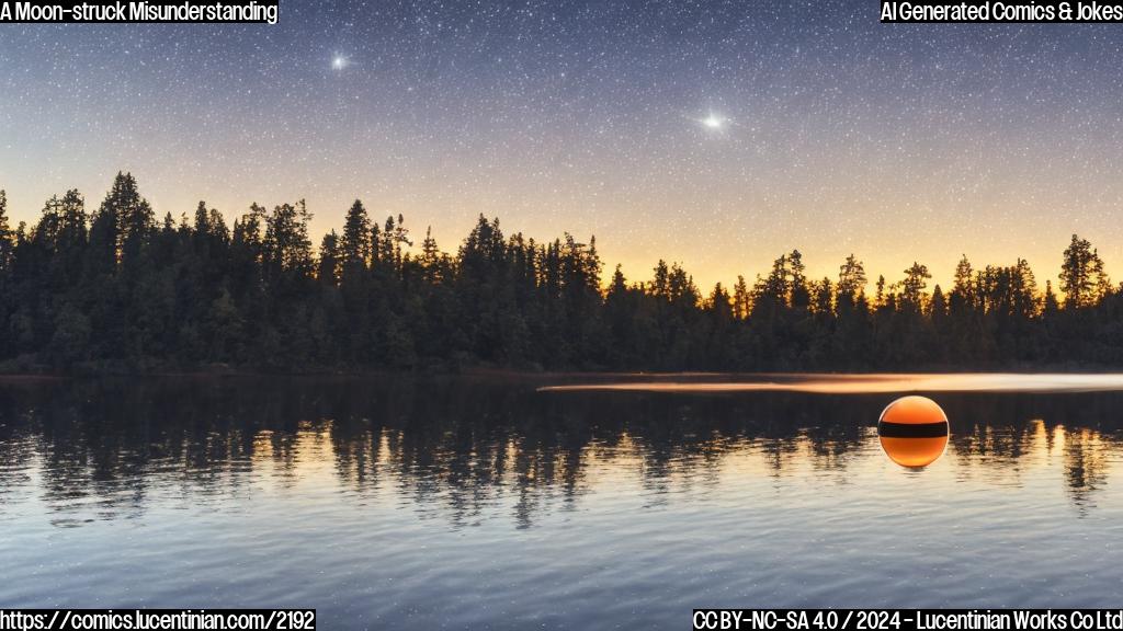 a large, glowing orb in the sky with a crescent shape and stars surrounding it, casting an ethereal light on a calm lake at sunset