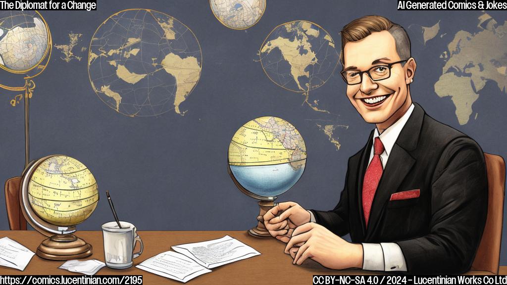 Draw an illustration of a smiling ambassador sitting at a desk with a globe in front of them, surrounded by briefcases and maps. The ambassador is wearing a suit and tie, with a confident expression on their face.