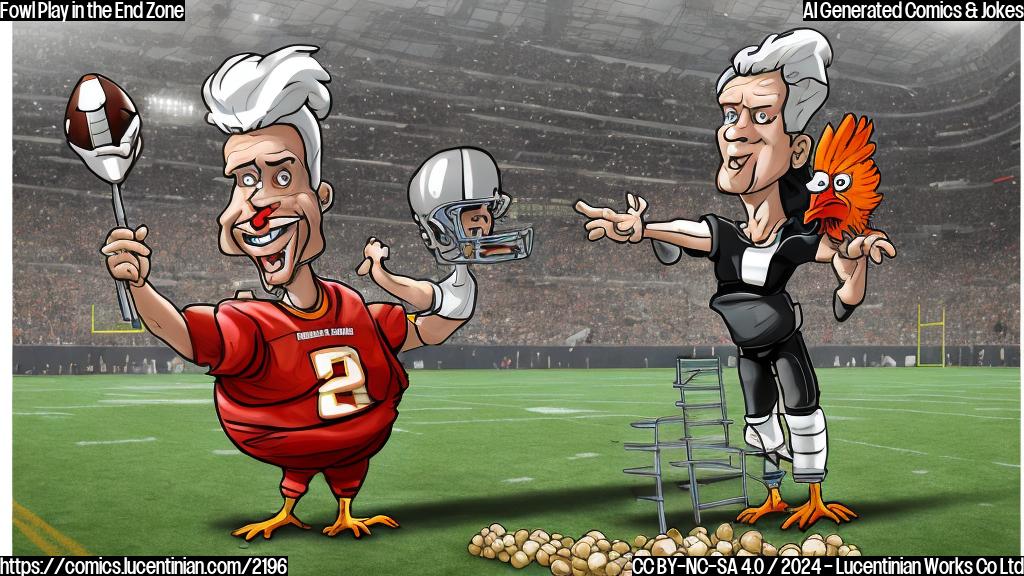 a cartoon of a football player holding a ladder while standing on top of a giant chicken in a football stadium, with a surprised expression on his face and a football field in the background