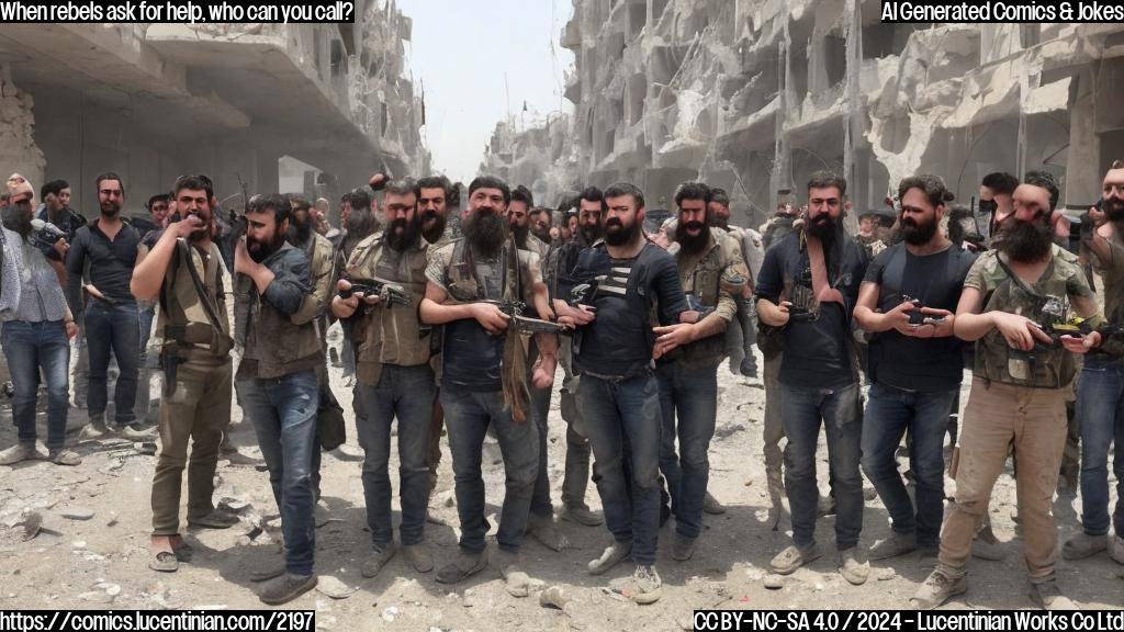 A group of exhausted, bearded men with AK-47s and weary expressions, standing in front of a city they've recently liberated, looking at a smartphone with a news headline reading "Syrian Rebels Celebrate Victory" on the screen