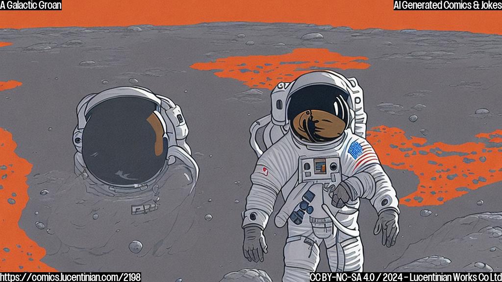 Draw a cartoon style illustration of an astronaut standing on the edge of a massive crater, with a disappointed expression on his face and a mic in hand. The crater should have a bright red, orange, and yellow color scheme, reminiscent of Martian terrain. Incorporate a faintly visible spaceship in the background, with the NASA logo subtly displayed.