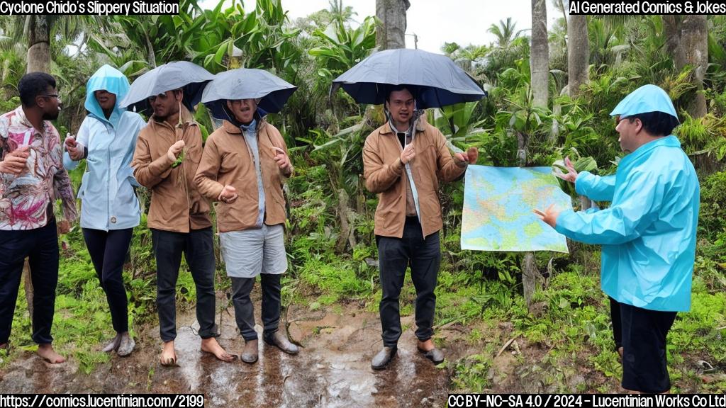 A group of people on a small island with tropical vegetation, wearing rain gear and holding umbrellas, standing near a map of the island. One person is pointing to the map while another looks concerned in the background.