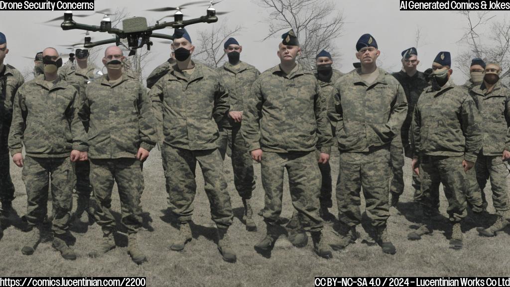 A group of stern-looking military personnel standing in front of a map of New Jersey, with several small drones visible in the air around them, looking concerned and holding various security devices.