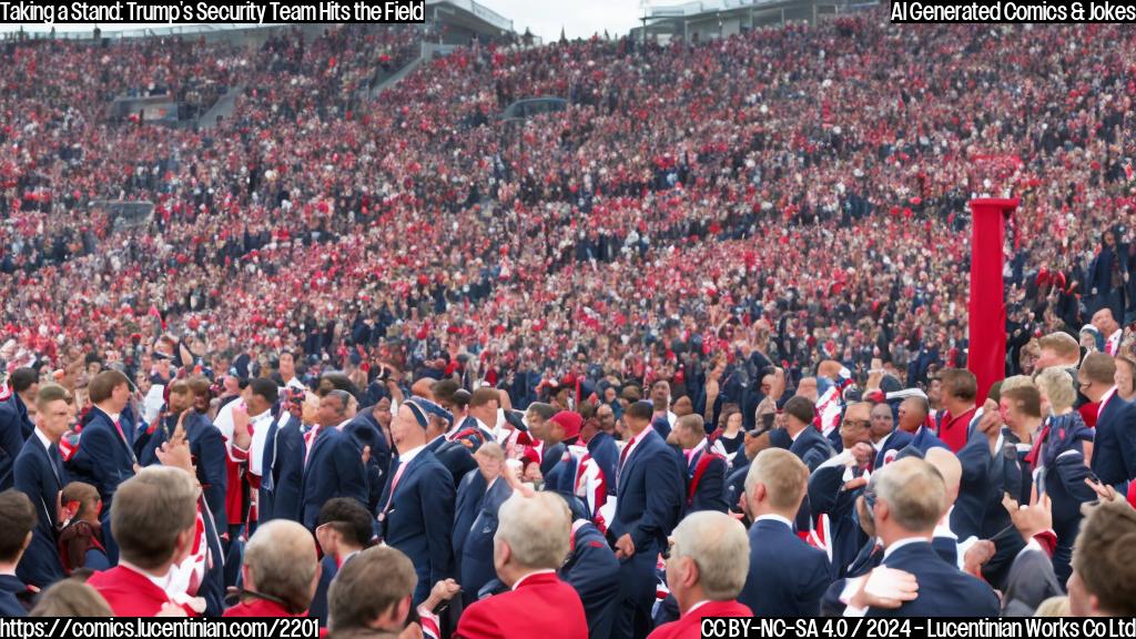 A group of people, including men in suits and ties, standing near a football field with rows of seats. The president-elect is in the center, wearing a navy blue blazer and holding a football. His allies are surrounding him, smiling and high-fiving each other. In the background, there's a large crowd of cheering fans wearing red and white jerseys.