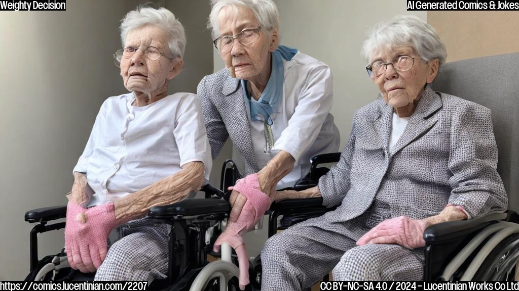 A 84-year-old woman in a wheelchair, with a cast on her leg and a concerned expression. She has a background checkered, conservative suit on.