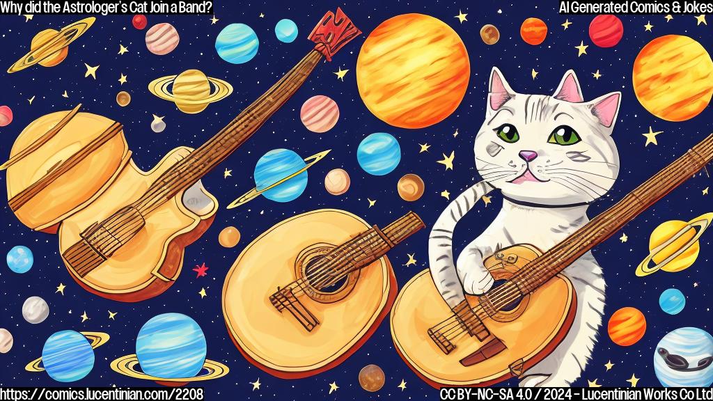 Draw a cartoon style image of a cat wearing a musical instrument (e.g. guitar, drums) with a surprised expression on its face, surrounded by stars and planets in the background.