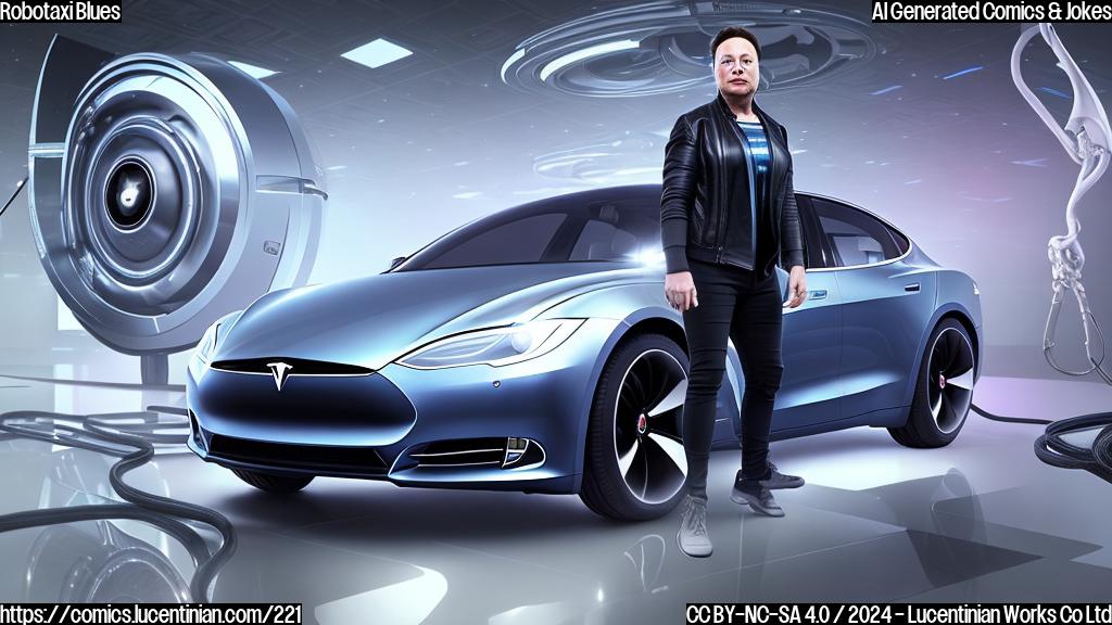 Draw a cartoon image of a two-door vehicle with futuristic design elements and a sleek, metallic body. The vehicle is standing on stage, with Elon Musk dressed in a suit and holding a microphone. He's wearing a headset that resembles a futuristic helmet. The background is dark blue, with neon lights illuminating the Tesla logo on the hood. Include subtle robotic limbs visible under the vehicle's doors, as if it's preparing to roll out onto the road.