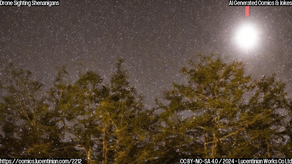 A low-flying, drone-like object with a bright, twinkling appearance is hovering above the treetops, with several other similar objects scattered throughout the night sky