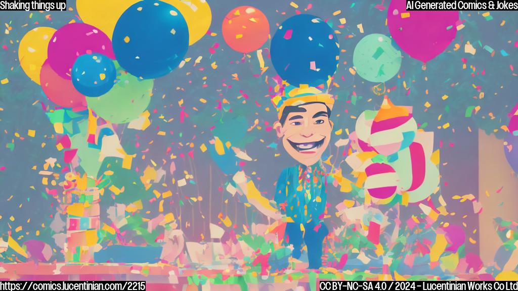 a cartoon image of a smiling islander standing on a table, with a few palm trees and a festive hat behind them, surrounded by colorful balloons and confetti.