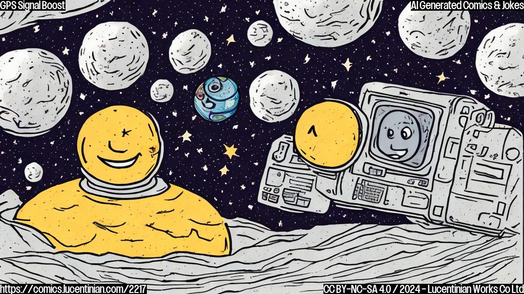 A cartoon of a smiling GPS satellite with a thought bubble, surrounded by confused-looking stars and a faint outline of a therapist's couch in space.