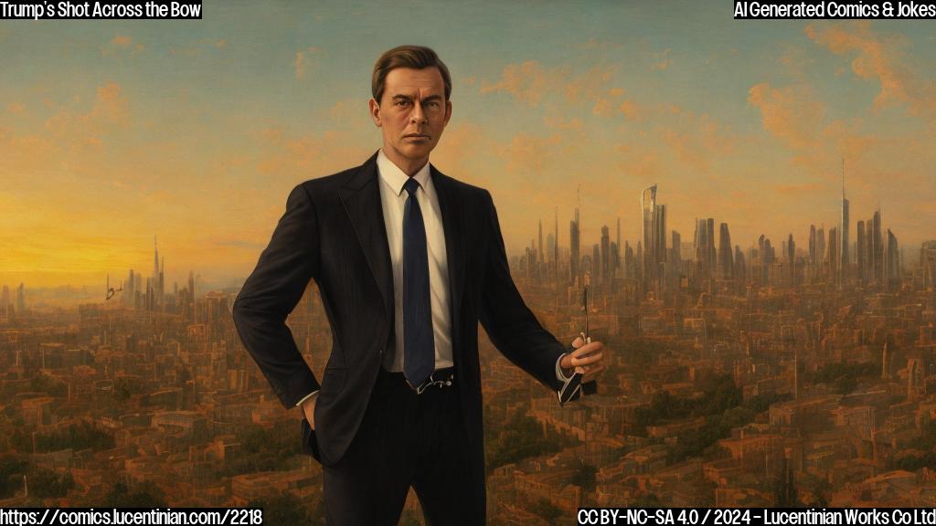 A portrait of a confident figure in a suit with a raised eyebrow, standing in front of a cityscape at sunset, with a subtle hint of a legal document or contract in the background. The figure should be holding a pen and looking directly at the horizon, conveying a sense of determination and possibly annoyance.