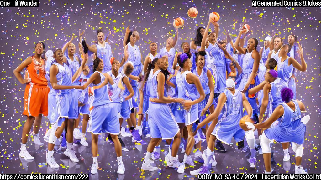 Draw a cartoon style picture of a group of tall, athletic women in a basketball court, with a single player (Napheesa Collier) shooting a jump shot while her teammates celebrate and their opponents look shocked. The background is a bright blue or purple color to represent the Minnesota Lynx's home team, with some confetti and balloons floating around. Incorporate some basketballs and hoops into the design to tie in with the sports theme.