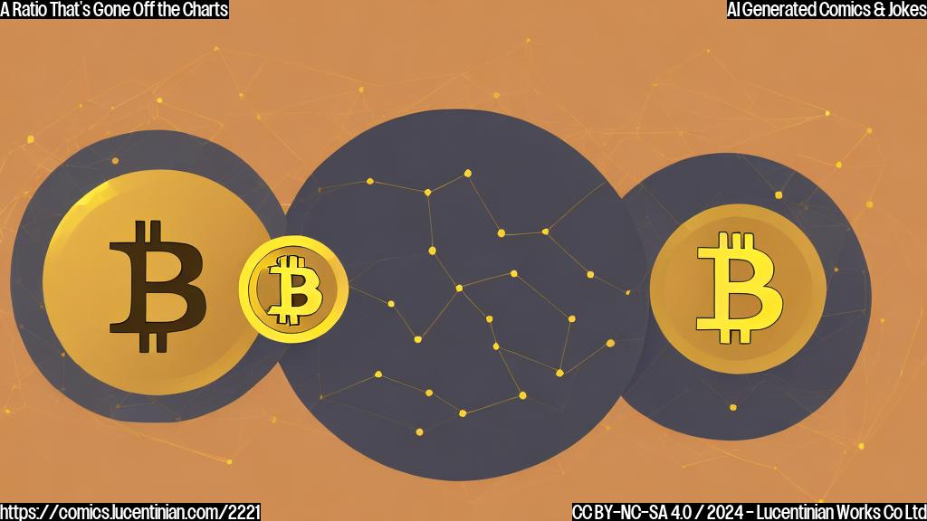 A cartoon of two shapes, one rectangular (Bitcoin) and one circular (Gold), standing side by side with a heart above them. The rectangular shape has a confused expression while the circular shape is smiling. Both are surrounded by rising charts and graphs indicating a high ratio value.