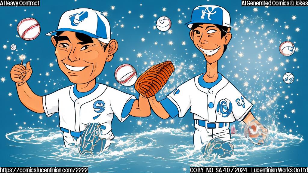 Draw a cartoon-style picture of a baseball team holding a large contract with a smiling pitcher (Tomoyuki Sugano) standing in front of it, surrounded by sparkling water and fish. The background should have a city skyline with a bright, sunny sky.