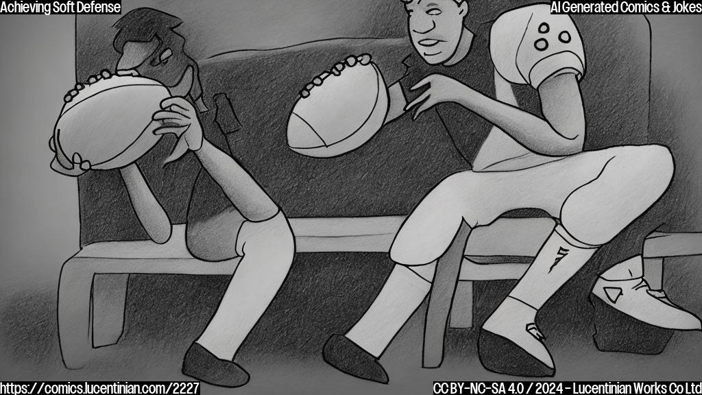 Draw a simple cartoon of a football player sitting on a bench with a large pillow next to them. The football player should be holding a football in their dominant hand, while the other hand is resting on the pillow for support. The background should be a stylized representation of a football field with minimal details.