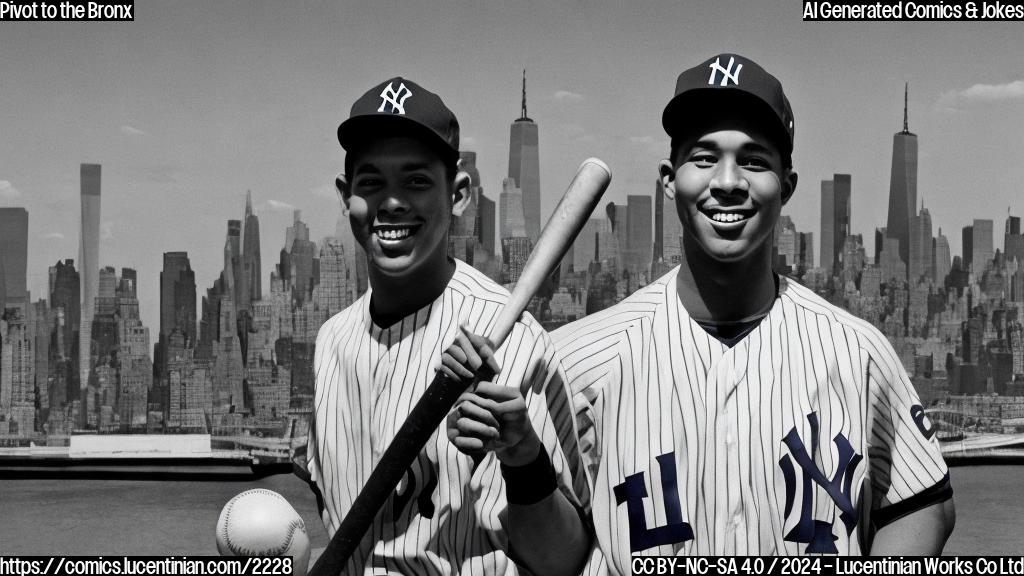 A smiling baseball player with a suitcase and a New York City skyline in the background, wearing a Yankees hat and holding a baseball bat. The player should be standing in front of a double-decker bus with the words "Cubs" written on it, with a subtle hint of sadness or loss on their face.