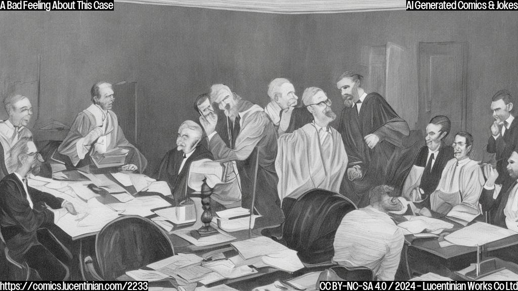 A group of lawyers sitting in a conference room with a judge's gavel on the table, wearing serious expressions. One lawyer is leaning forward with their hands clasped together, while another is rubbing their temples in frustration.