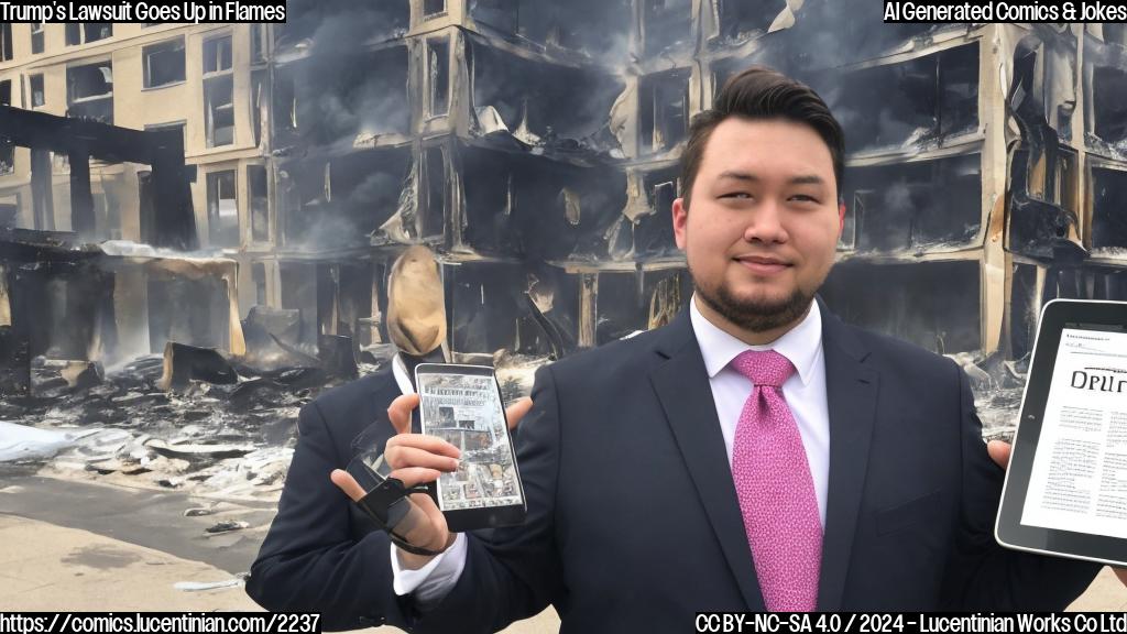 A person wearing a suit and tie, holding a tablet with a graph on it, is standing next to a burning building. The building has a newspaper logo on the front.