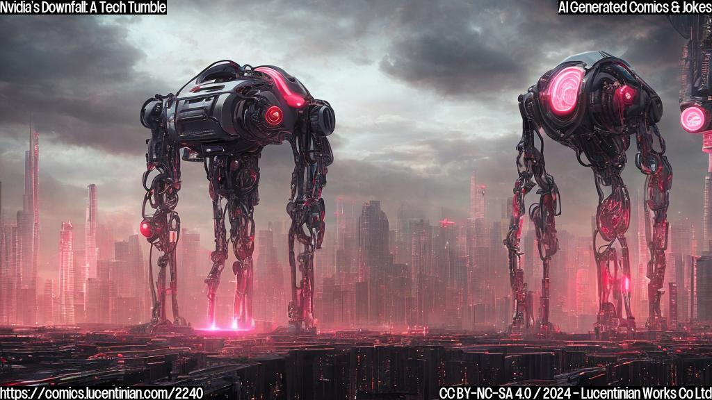 Generate an image of a sad, futuristic robot with glowing red eyes and metallic limbs holding a broken motherboard, standing in front of a cityscape with dark clouds and a faint logo of Nvidia in the distance.