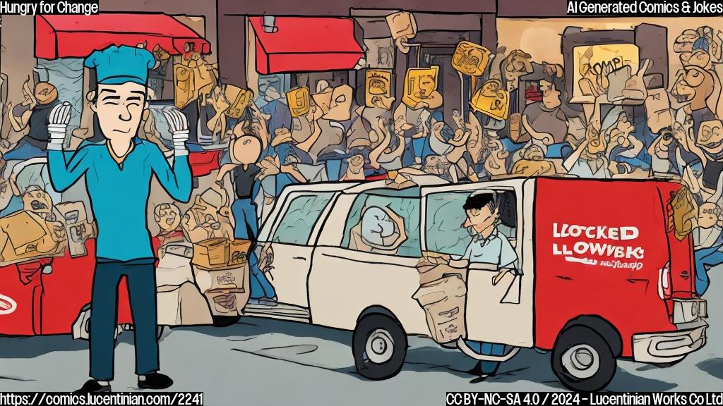 A cartoon of a sad food delivery person with their hands covering their eyes, surrounded by a "locked" sign and a few angry diner's faces in the background.