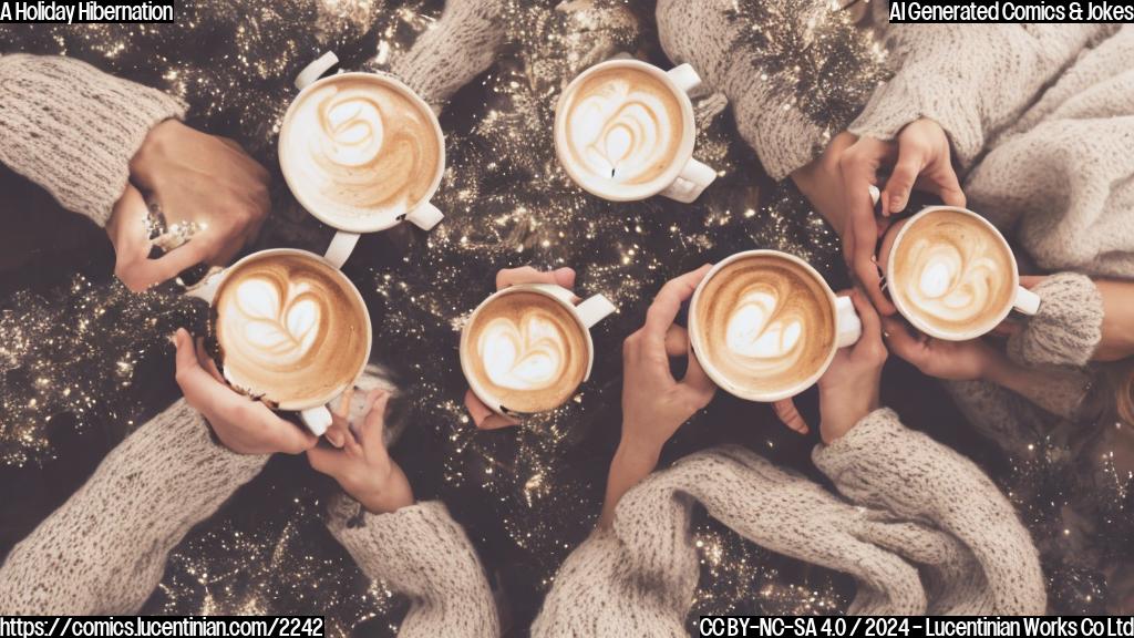 A group of friends snuggled up together, looking cozy and rested, with a warm cup of coffee or hot chocolate in front of them, surrounded by twinkling lights and festive decorations.