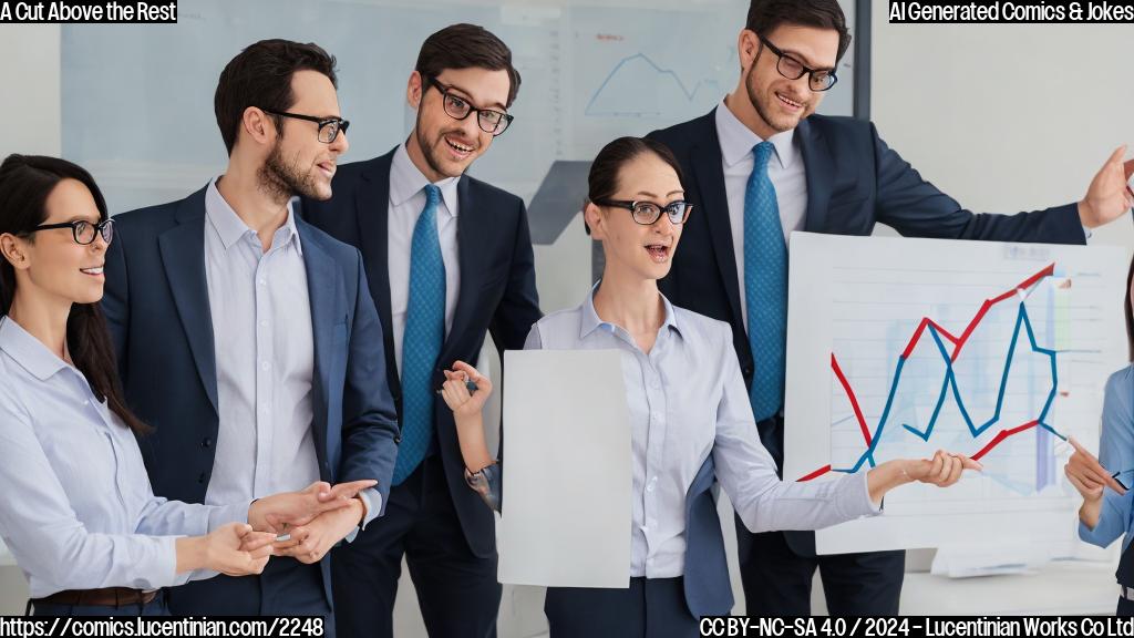 a person with glasses, holding a whiteboard with a graph showing a declining interest rate, and standing next to another person with a surprised expression, both wearing business attire