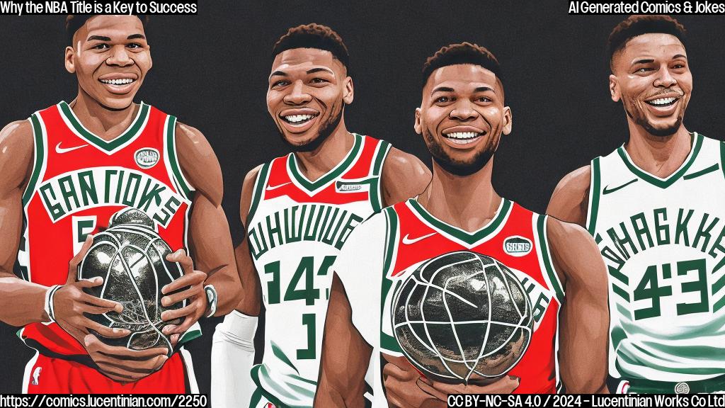 A cartoon of a smiling Giannis Antetokounmpo holding an NBA trophy, with a confident expression on his face, standing next to a relieved Damian Lillard. The background should be a cityscape with a basketball court at sunset.