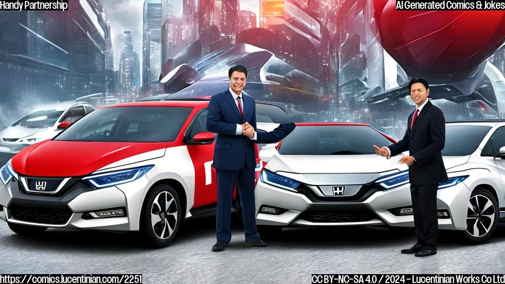 A businessman with a briefcase shaking hands with a car icon wearing both Honda and Nissan logos, standing in front of a futuristic cityscape with electric vehicles driving by.