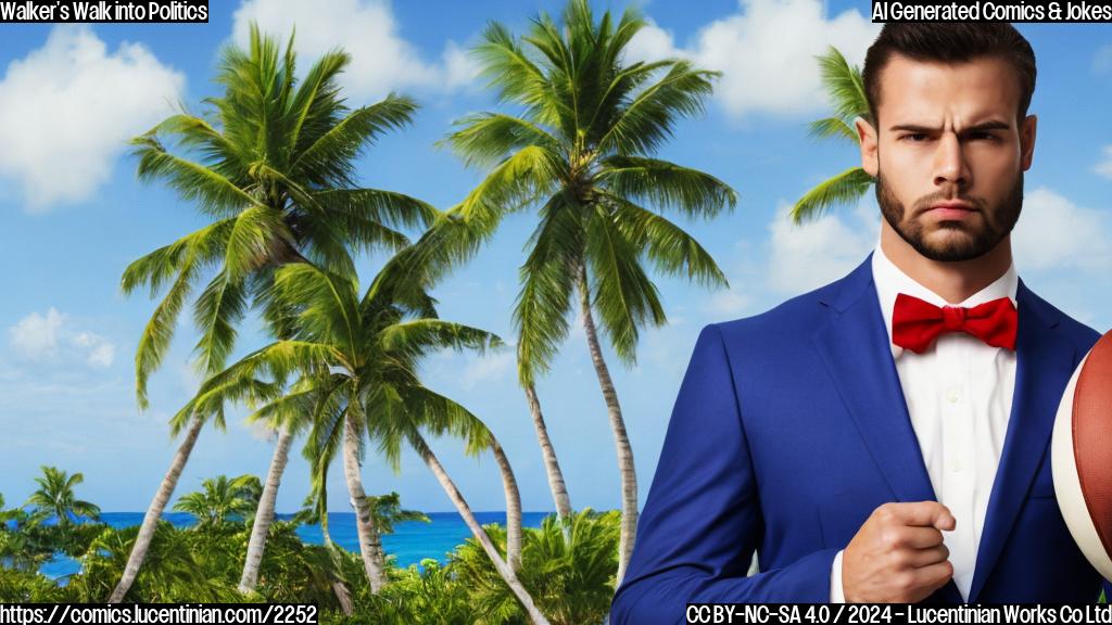 A muscular, football-helmet-wearing figure with a stern expression stands in front of an American flag, wearing a suit and holding a briefcase. The background is a blurred image of a tropical island with palm trees and clear blue waters.