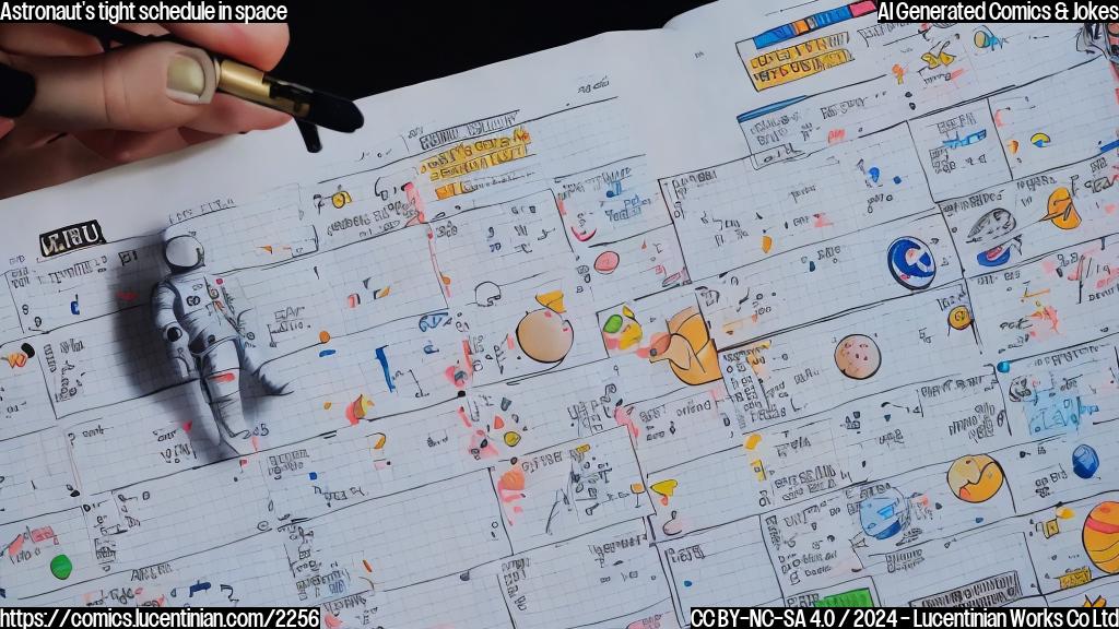 Draw a cartoon of an astronaut wearing a spacesuit with a calendar or planner in hand, with several checkmarks and X's indicating busy appointments.