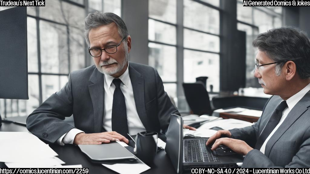 A person in their 50s, with short brown hair and wearing a black suit and tie, sitting at a desk with a laptop open in front of them. The background is a dark gray or blue color.