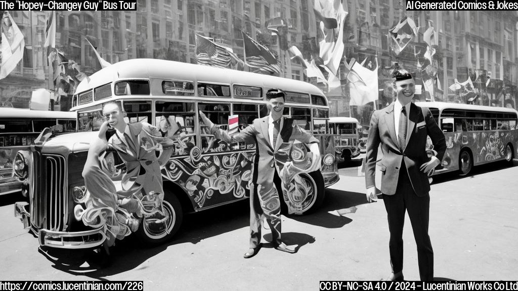 A young, energetic figure (think 30s) with an impossibly youthful appearance is standing in front of a large, vintage-style bus. The bus has a bright, colorful design with American flags and campaign slogans on the side. The figure is wearing a suit with a big smile, holding a microphone. In the background, there are enthusiastic crowds of people of various ages and ethnicities, all smiling and waving at the figure. The overall atmosphere is energetic and optimistic.