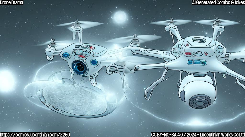 A cartoon of a small, white drone with a worried expression on its front and a small radiation symbol on its body, surrounded by a few scattered radioactive materials. The drone is shown with its propellers folded up, as if it's covering its eyes, while its body glows slightly in the dark.