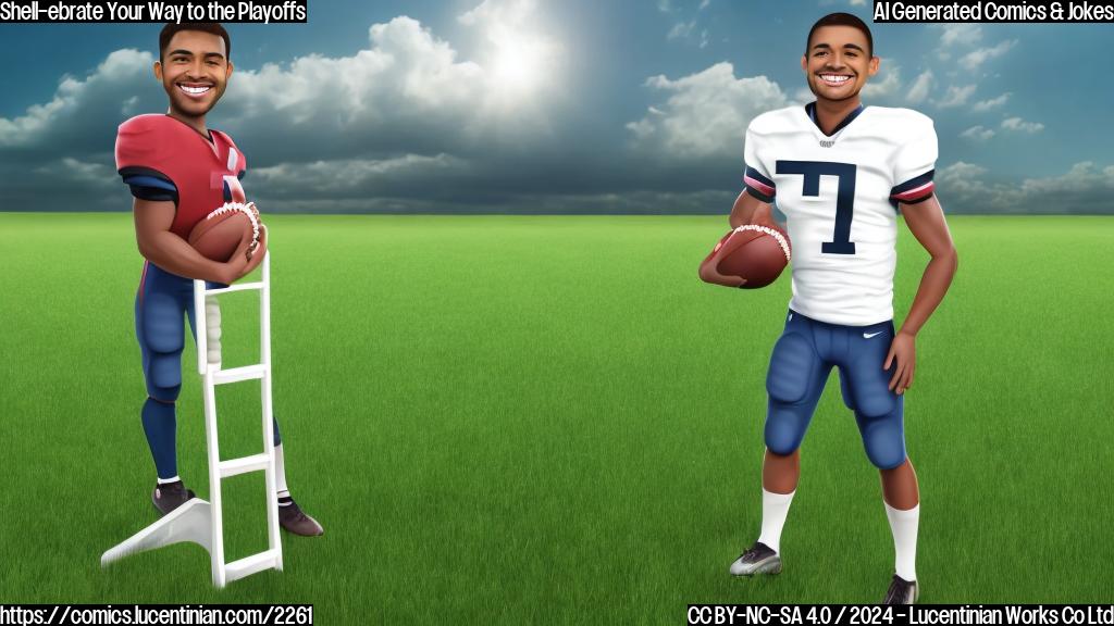 a cartoon of a football player standing on a ladder, holding a football and smiling confidently, with a subtle hint of determination in their expression. The background is a simple green grass field with a few clouds.