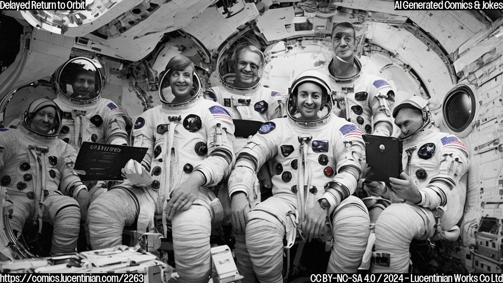 A group of astronauts are sitting in a spacecraft, looking uncertain and disappointed. One of them is holding a calendar with March 2024 written on it, while another is checking their phone with an unread message from Mission Control.