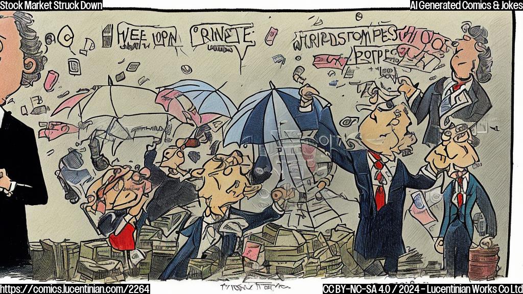 A cartoon of a graph with a downward trend, surrounded by worried-looking investment charts and briefcases. A therapist in the center, with a supportive expression, holding an umbrella to shield itself from the falling stock market. The umbrella has a small, smiling investor standing on top, symbolizing hope for better days.