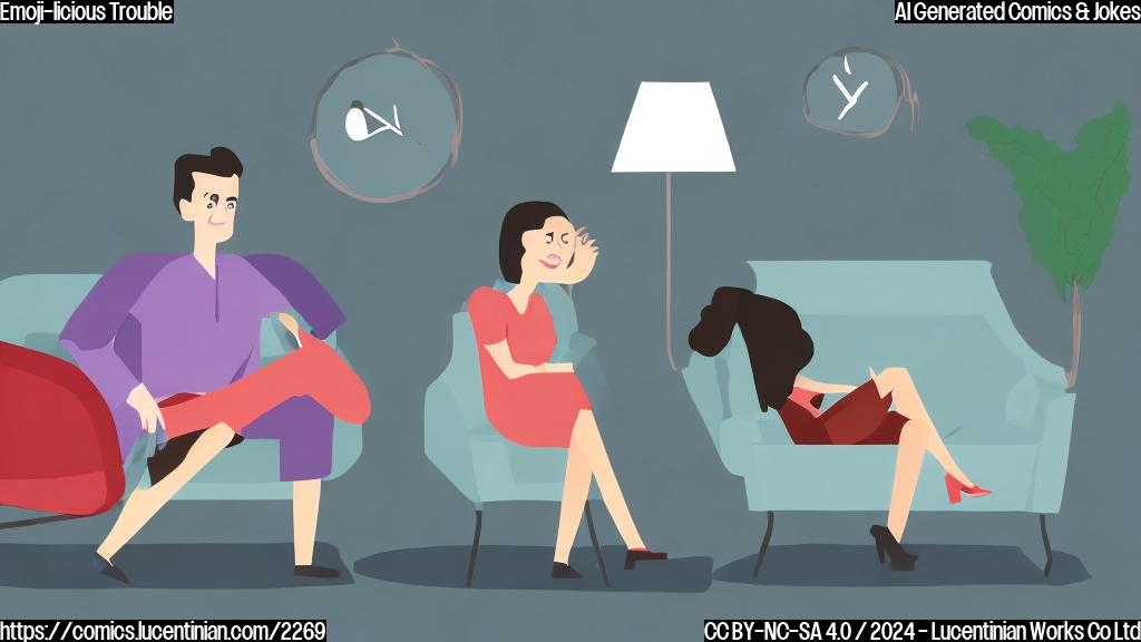 A cartoon of a person with bags under their eyes sitting on a therapist's couch, looking sad. The therapist is a smiling emoji (😊) in a chair across from the person. The background is a simple, calming color palette.