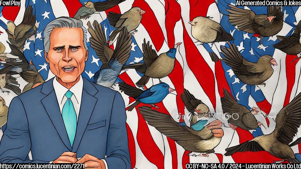 A cartoon-style illustration of California Governor standing in front of a table with a flag, surrounded by birds with avian influenza symptoms (e.g. sneezing, coughing), wearing a serious expression and holding a pen to declare a state of emergency.