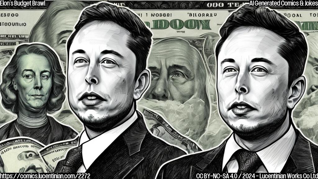 Draw a cartoon of Elon Musk sitting at his desk with a stack of dollar bills in front of him, surrounded by tweets on his computer screen about the government spending package, with a shocked expression on his face.