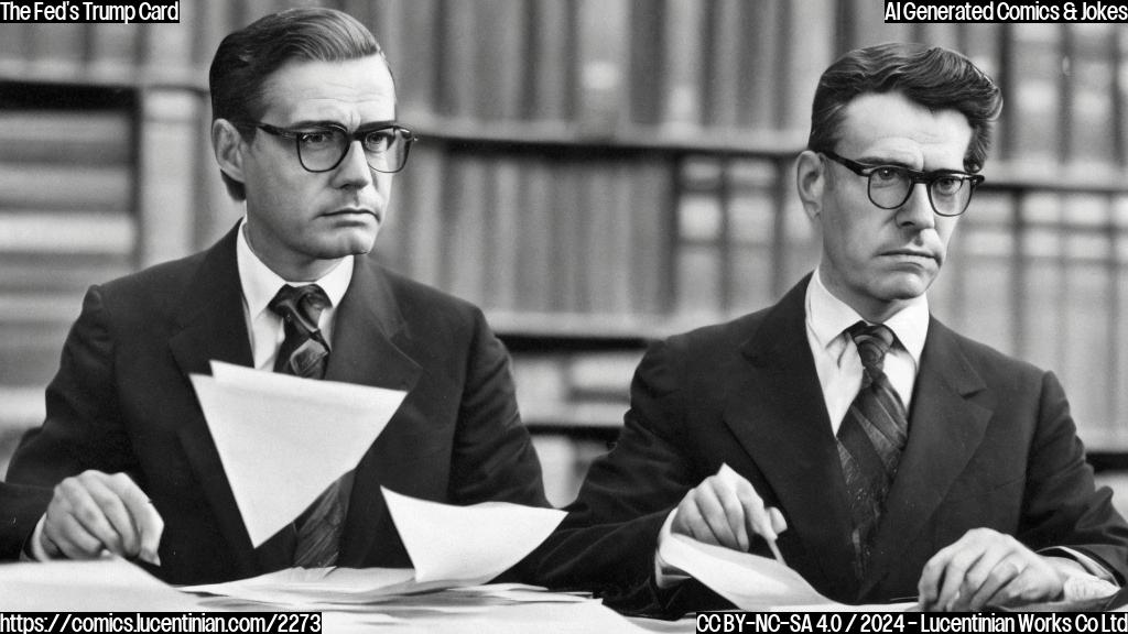 a stern-looking man with a suit and glasses sitting at a desk, surrounded by stacks of papers and economic charts, looking concerned and holding a red card with a bold "X" marked on it