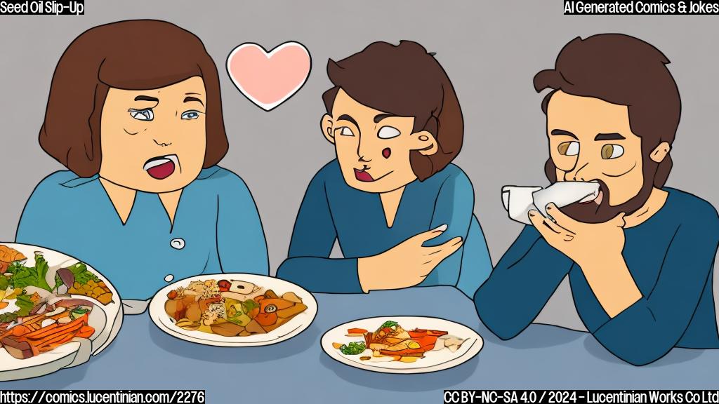 a cartoon of a person in a relationship holding a plate of oil, with a confused expression on their face, and a nutritionist sitting across from them with a "broken heart" symbol next to them. The background should be a blurred kitchen scene with various food items.