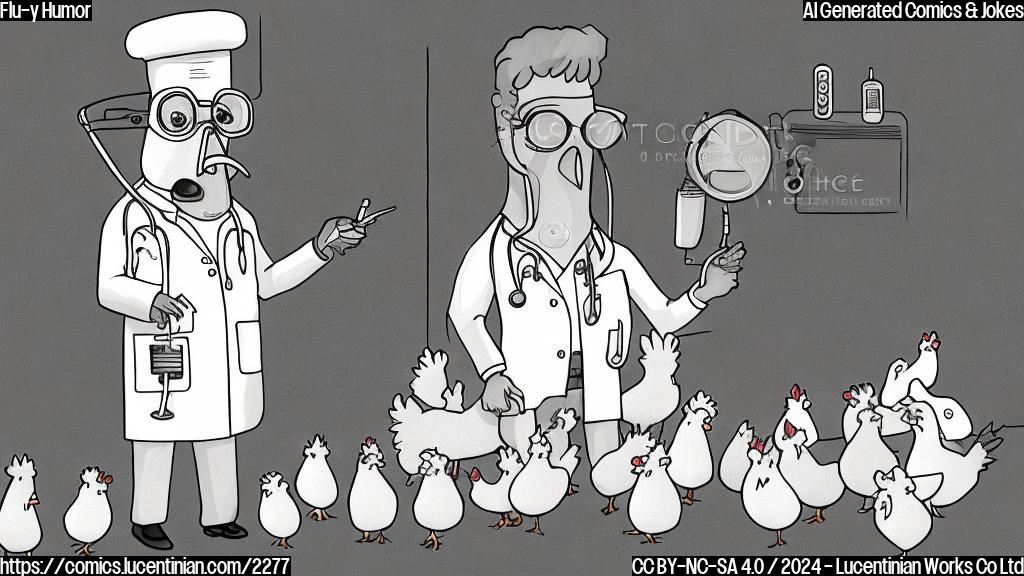 Illustrate a cartoon of a chicken wearing a doctor's mask and holding a thermometer, with a few other chickens in the background looking sick and coughing