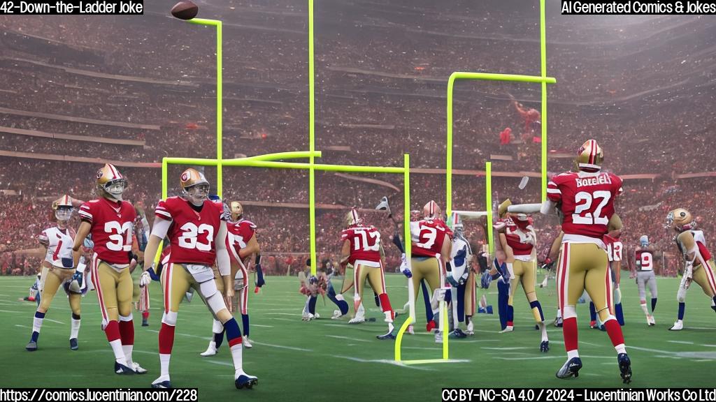 Draw an illustration of a football field with a giant ladder in the middle, leaning against the goalposts. The ladder should have a quarterback's glove at the top and a 49ers hat on its rung, with Brock Purdy standing proudly next to it, wearing his team's uniform. In the background, there should be a blurred image of the Seattle Seahawks' logo or colors to represent the opposing team.