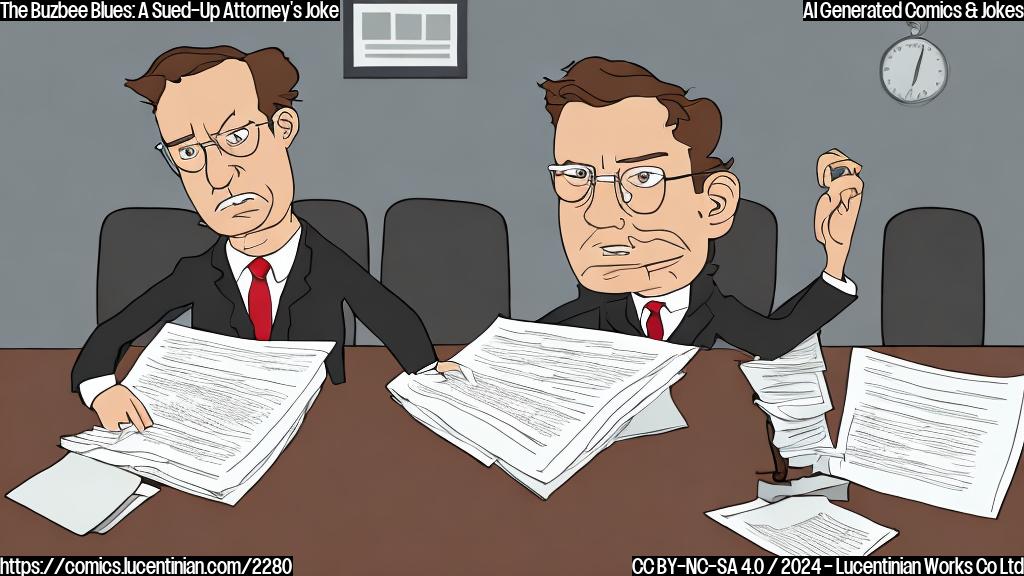 A cartoon image of a lawyer with a frazzled expression, sitting on a therapist's couch, with a stack of court papers and lawsuits in the background. The lawyer is holding a folder labeled "Sued" while the therapist nods sympathetically.