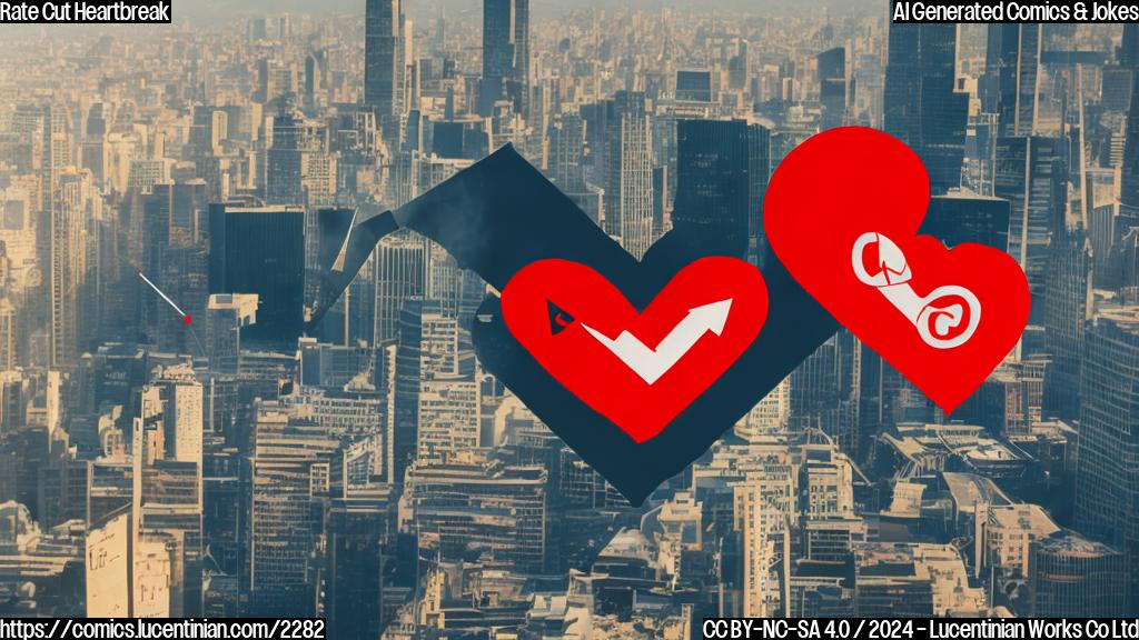 A heart with an arrow pointing downwards, next to a graph showing a declining stock market line, and a person holding a "For Sale" sign in front of a city skyline.