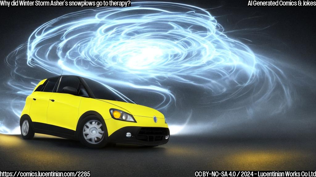 A small, yellow vehicle with a long, curved blade and a pair of headlights, surrounded by a swirling white vortex in the background.