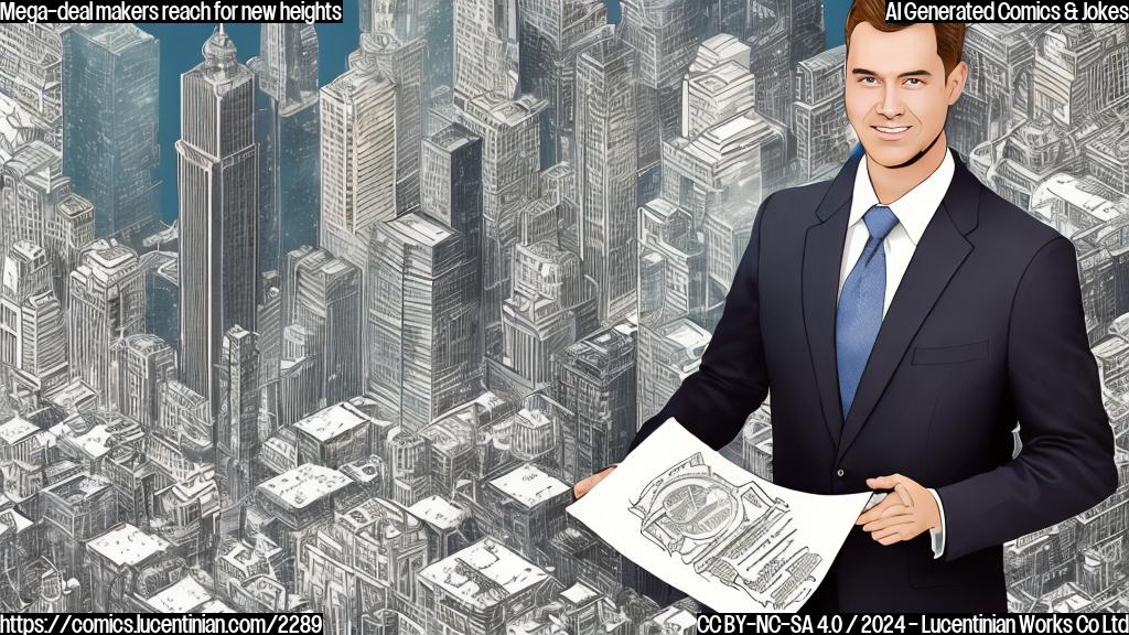 Illustration of a person in a suit standing on a ladder, with a large contract or deal document in hand, surrounded by dollar signs and stock market symbols. The background should be a city skyline with a hint of skyscrapers to emphasize the idea of "new heights".