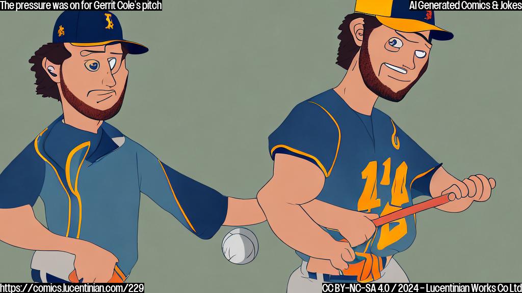 A cartoon-style image of a baseball pitcher (like Gerrit Cole) with a worried expression, holding a baseball cap in one hand and a weightlifting barbell in the other. The background should be a blurred stadium with flashing lights and a large crowd cheering in the distance. The image should convey a sense of tension and pressure on the pitcher's performance.