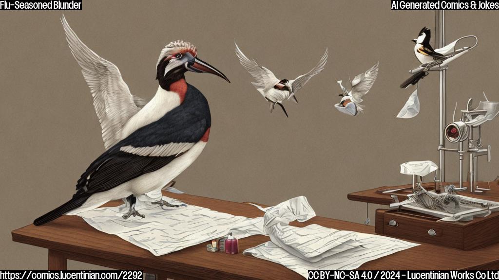 A large, cartoon-style illustration of a bird sitting on a doctor's examination table, with a thermometer in its beak and a tissue under its wing. The background is a blurred image of a doctor's office, with a few patients waiting in the wings (or should I say, wings). The bird's feathers are ruffled, and it looks quite uncomfortable.