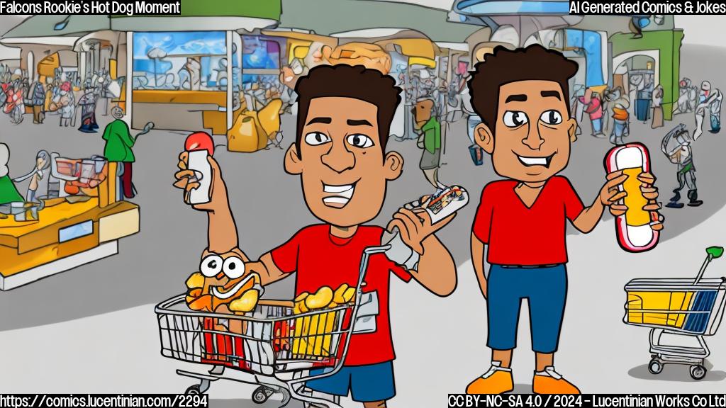 Draw a cartoon-style image of a young football player in a casual outfit, holding a shopping cart with a hot dog in one hand and a phone in the other. The player is standing in line at Costco with a surprised expression on their face.